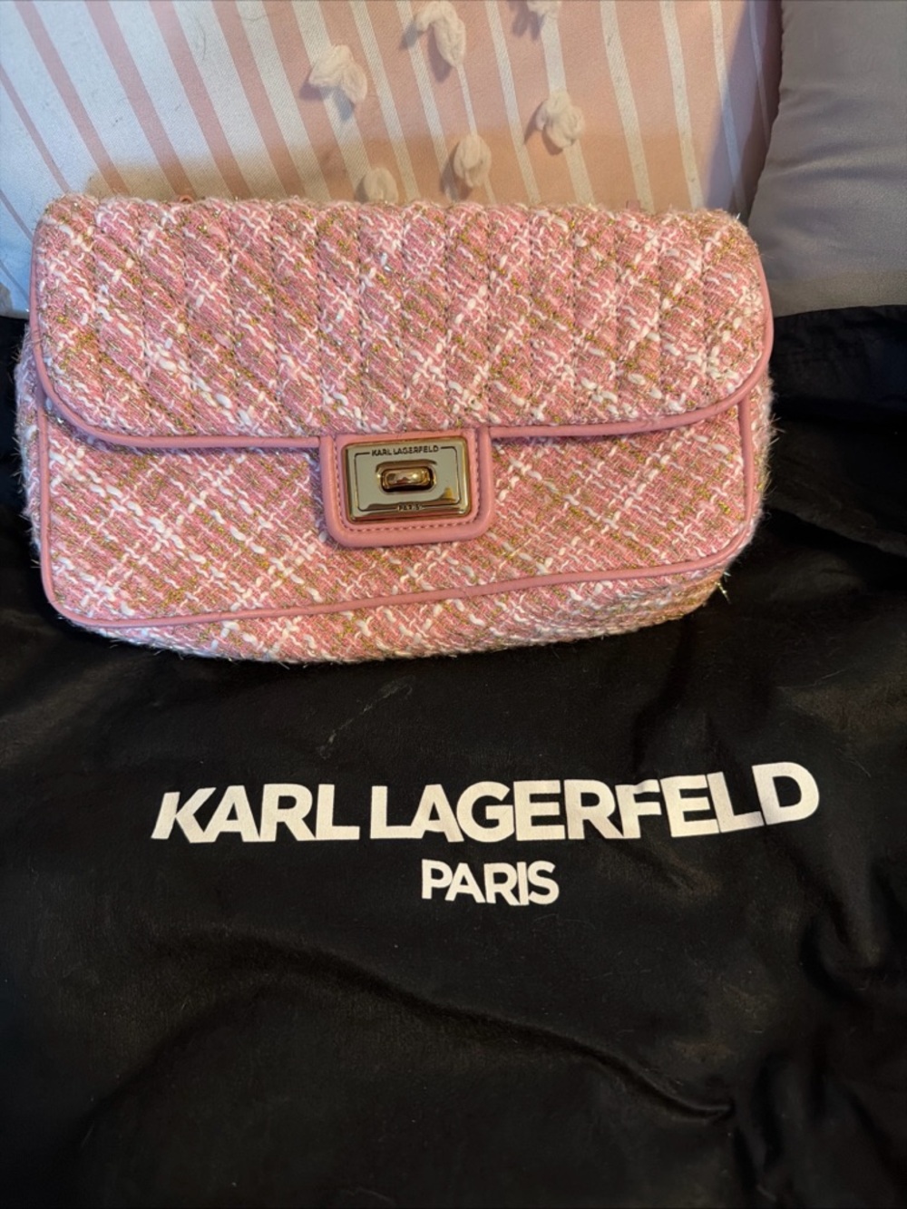 Karl Lagerfeld Pink Tweed Shoulder Bag with Gold-Tone Clasp